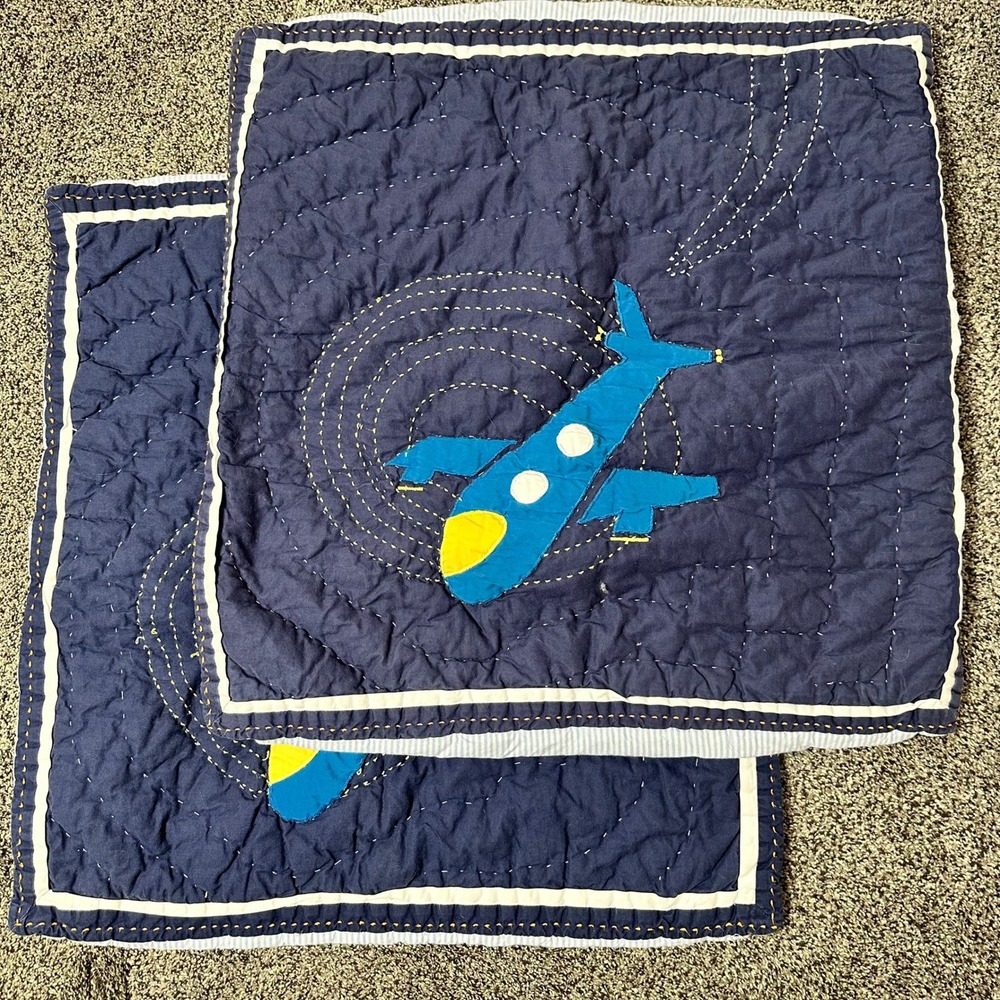 2 Pottery Barn Kids Airplane Quilted Euro Shams Navy Blue Seersucker  26x26